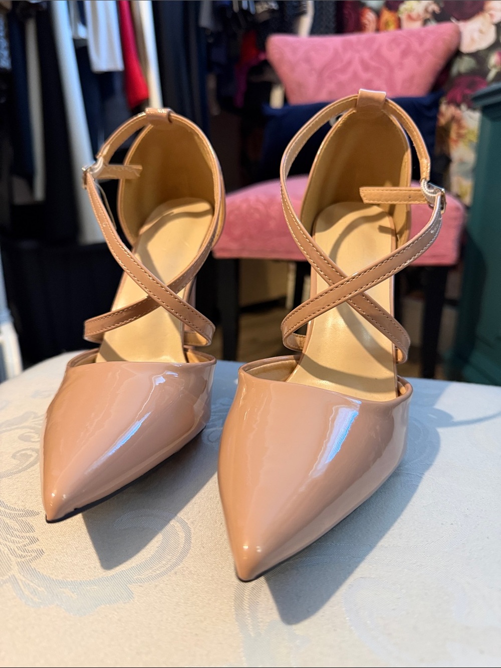 Patent Pointede-Toe Strappy Pumps in Nude